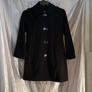 EUC London Fog Lined Black Trenchcoat with Silver Clasp Front Closures and Hood